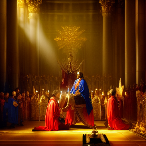 Perceval, deeply moved by the king's request, kneels before the majestic throne, surrounded by the watchful eyes of the court and bathed in a golden aura, as the weight of responsibility and the honor bestowed upon him settles upon his shoulders, signaling a new chapter in his heroic journey.